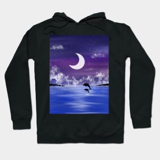 Night time seascape with jumping dolphins Hoodie